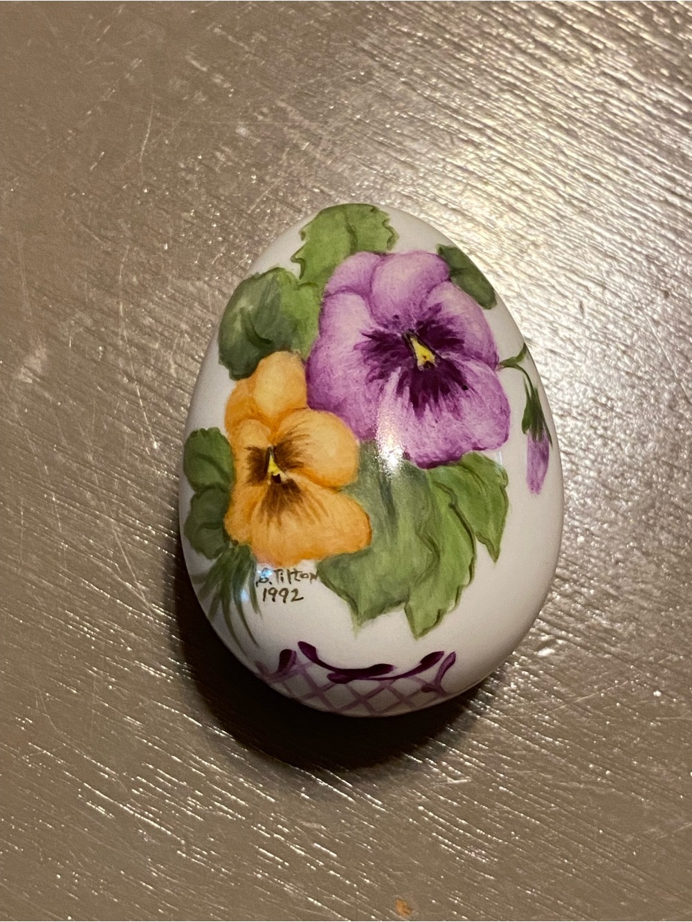Vintage Hand Painted Ceramic Pansy Egg Figurine Signed 1992 Floral Decor